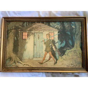 RARE Antique Peter Pan by Charles Buchel Fine Art Colored Lithograph framed
